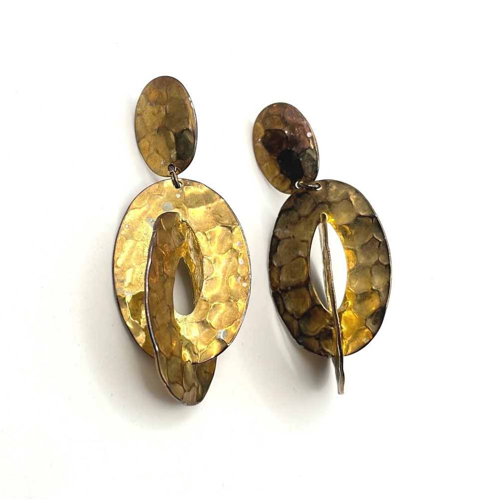 Vintage Hammered Gold Tone Oval Dangle Statement Earrings Textured 2.75 Inch